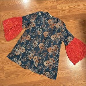 Soft Surroundings Navy Batik Kimono with Bright Bell Sleeves size PXS